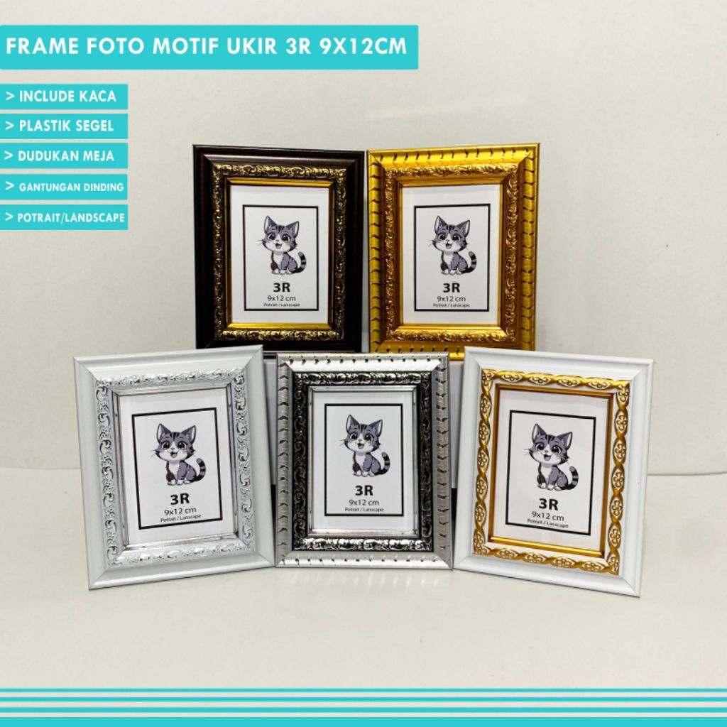 frame Bingkai Foto 3R (9x12.7 cm) Bahan Fiber + Kaca - Frame elegan - Bisa Gantung / Duduk Meja