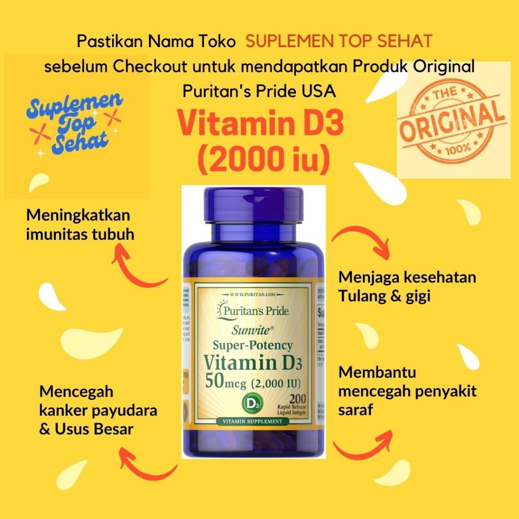 ORIGINAL Puritan Sunvite Mega-Potency Vitamin D3 50 Mcg 2000 IU isi 200 Softgels