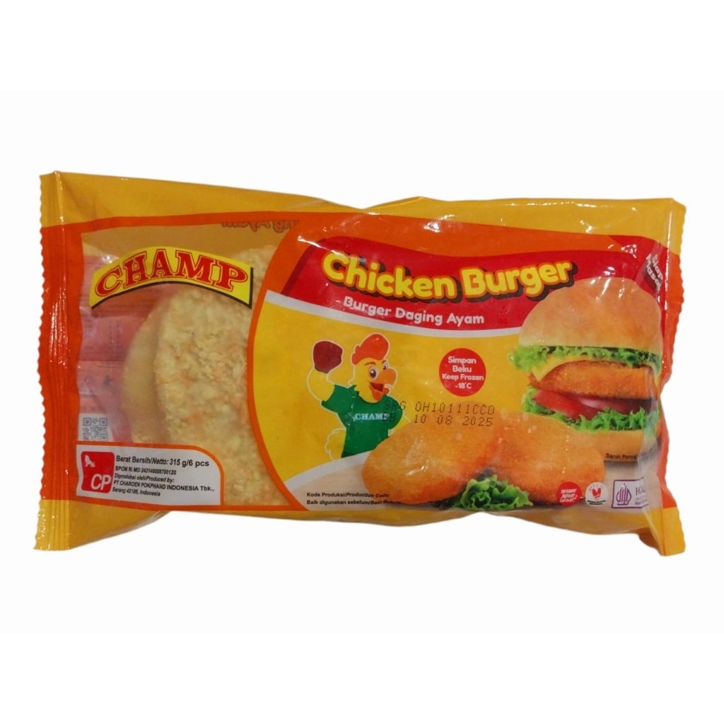 

olahan makanan beku CHAMP Burger Daging ayam 315g per pack isi 6 pcs rasa enak