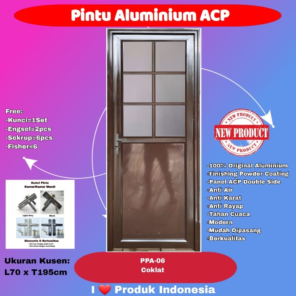 Pintu Full Aluminium Modern-PPA 06-1/2 Kaca Es 5mm-Ornamen-Coklat
