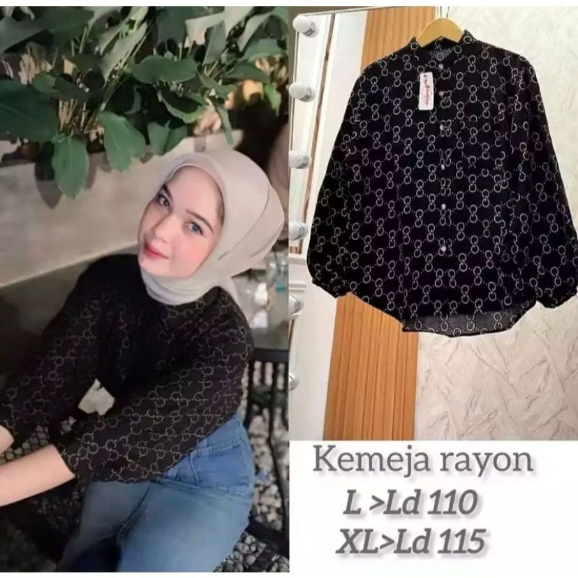 Blouse Kemeja Rayon Lengan Balon Motif Abstrak Hitam Putih - Blus Wanita Busui Friendly Adem & Jatuh