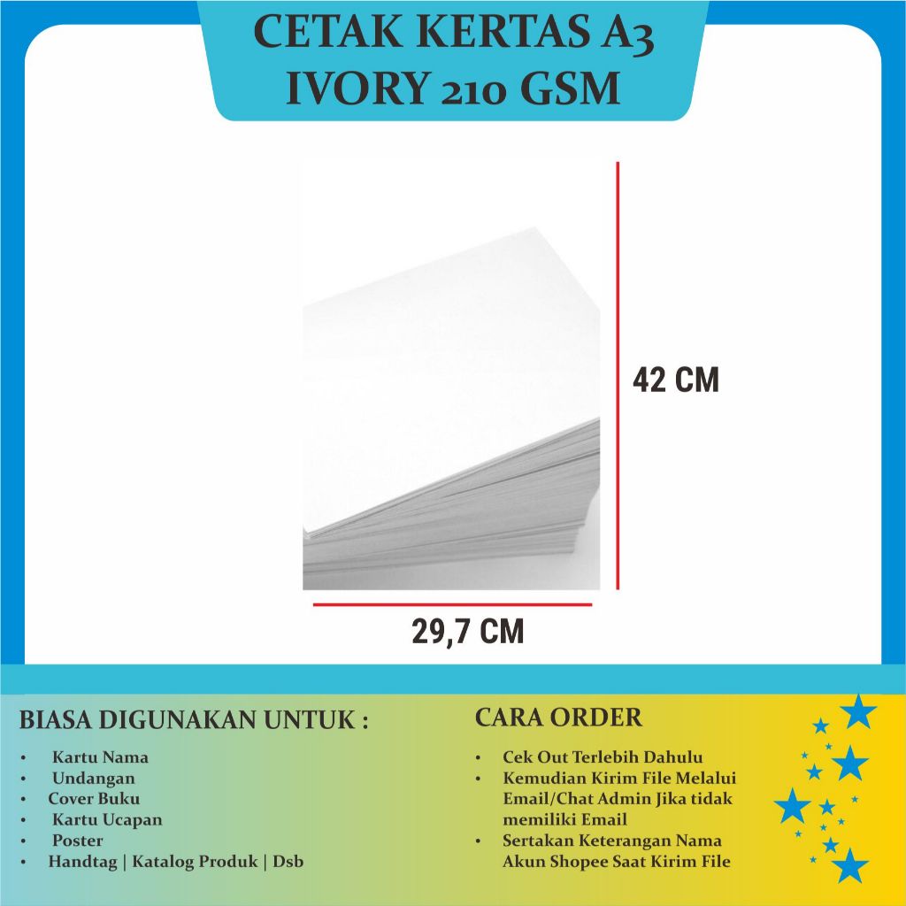 

Cetak Print Kertas Ivory 210 Gsm | 230 Gsm | 260 Gsm dan 310 Gsm A3+ 1 Sisi / 2 Sisi