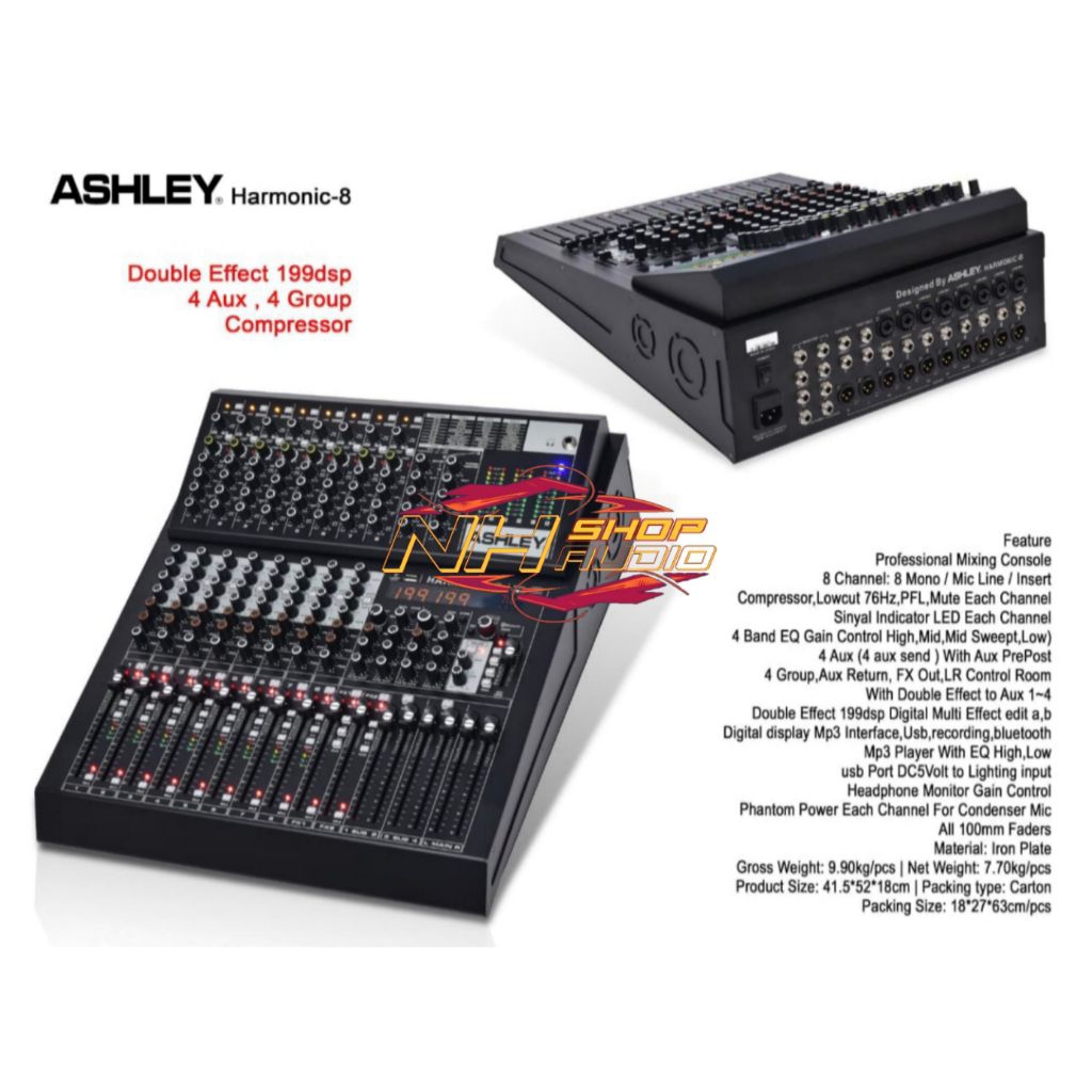 Mixer Ashley Harmonic 8 Double Effect 199DSP Edit A Edit B Fader Panjang 4 aux 4 Group Ush Bluetooth
