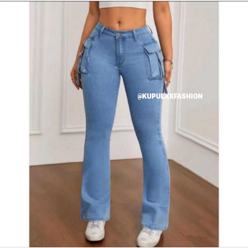 New Celana Cutbray Cargo Atas Highwaist Jeans Wanita Dewasa Terbaru /Celana Cutbray Jeans Cargo