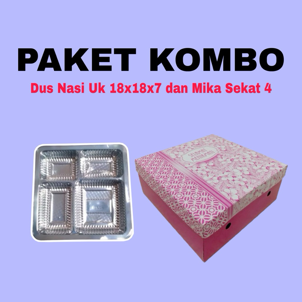 

100 Pcs Paket Dus Nasi/Kue dan Mika Makanan || Kardus Nasi uk 18x18x7 || Mika Sekat 4 ||