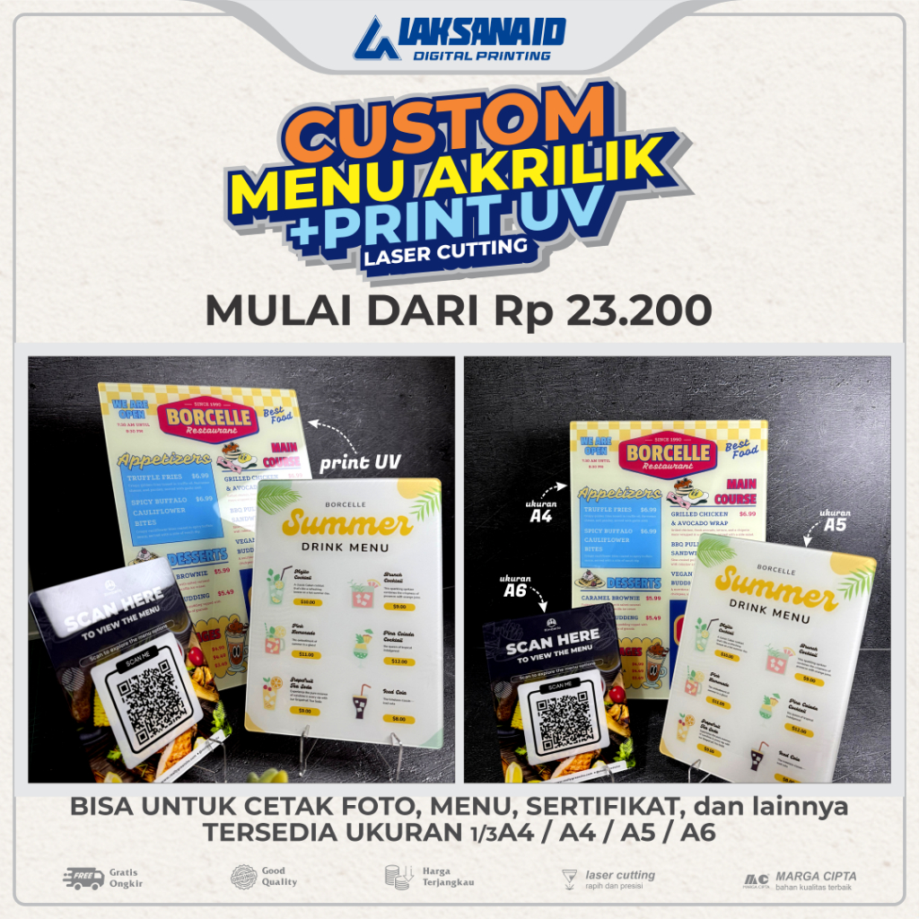 

CUSTOM MENU MAKANAN MENU MINUMAN SERTIFIKAT FOTO AKRILIK PRINT UV laser cutting