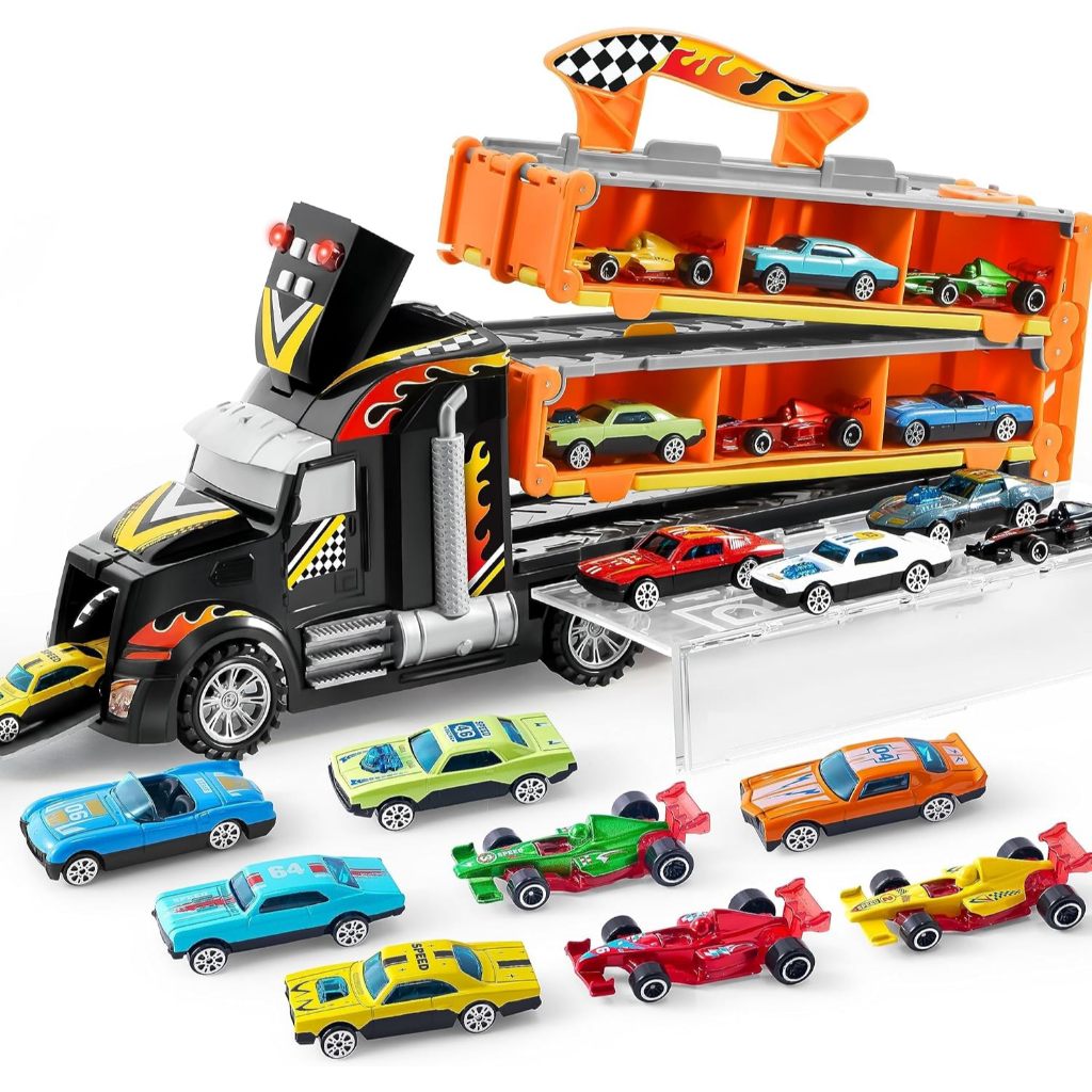 JOYIN TOY TRUCK FOR KIDS, RACE TOY CARS, 60" EXTRA LONG RACE TRACK AND 12 DIE-CAST METAL CARS,