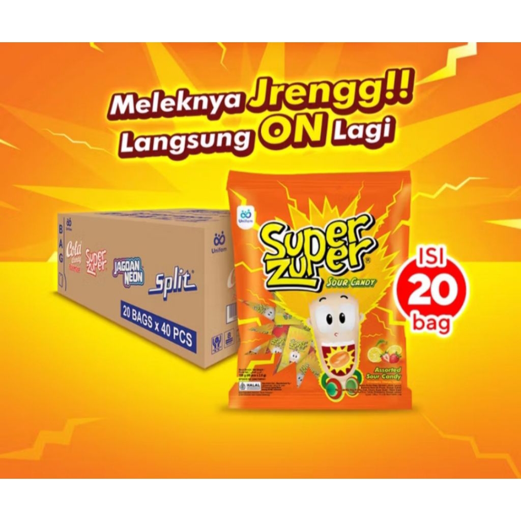 

Permen Super Zuper Candy Bag 1 DUS isi 20 bag (40pcs) - Permen Asam Rasa Stroberi, Lemon & Jeruk / Permen Jadul 90an / Permen Jadul Unik / Permen Assorted Sour Candy / Permen Asem / Permen Asam Enak