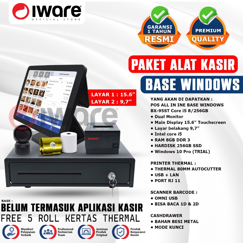 Iware Mesin Kasir Paket Pos All In One Base Windows Intel i5 8/256 Gen 5 Dual Layar 15.6" + 9,7" | P