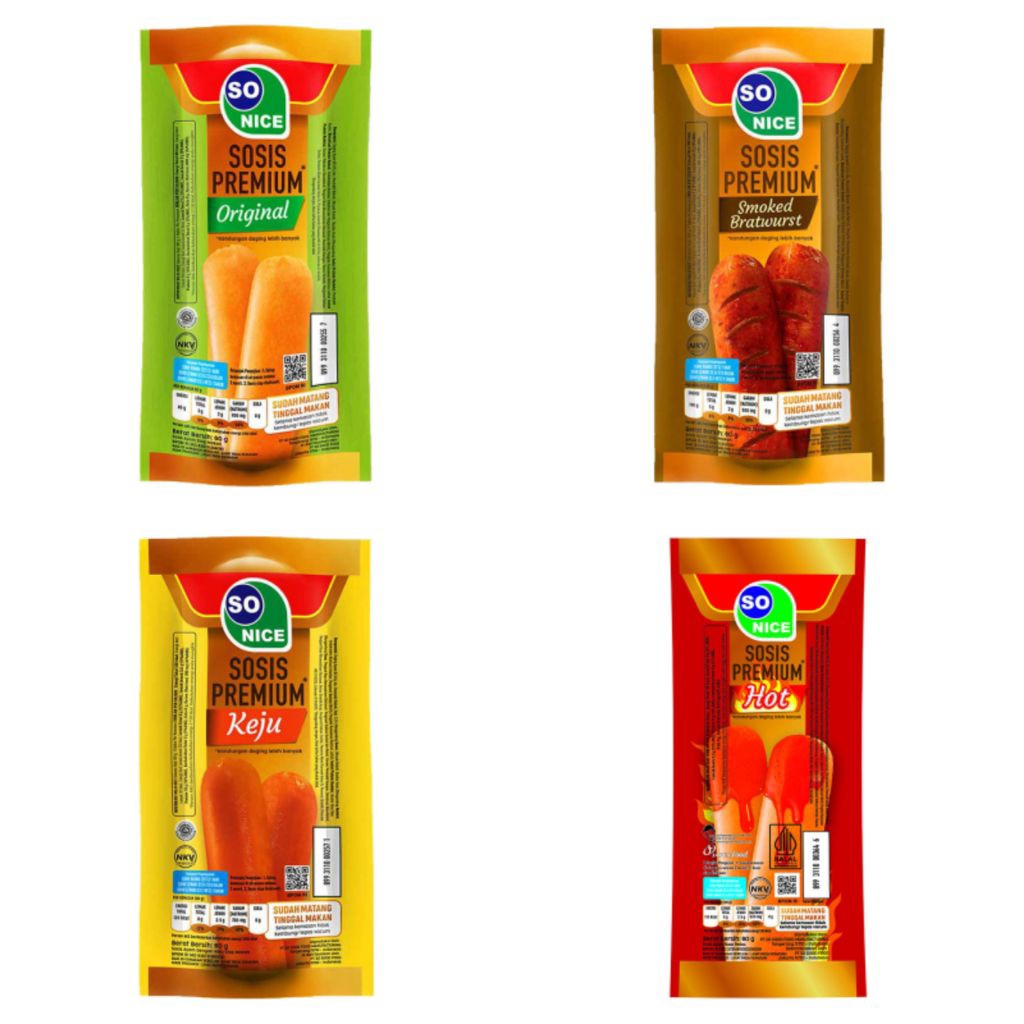 

So Nice Sosis Premium Original 60 Gram / So Nice Sosis Premium Keju 60 Gram / So Nice Sosis Premium Hot 60 Gram / So Nice Sosis Premium Smoked Bratwurst 60 Gram