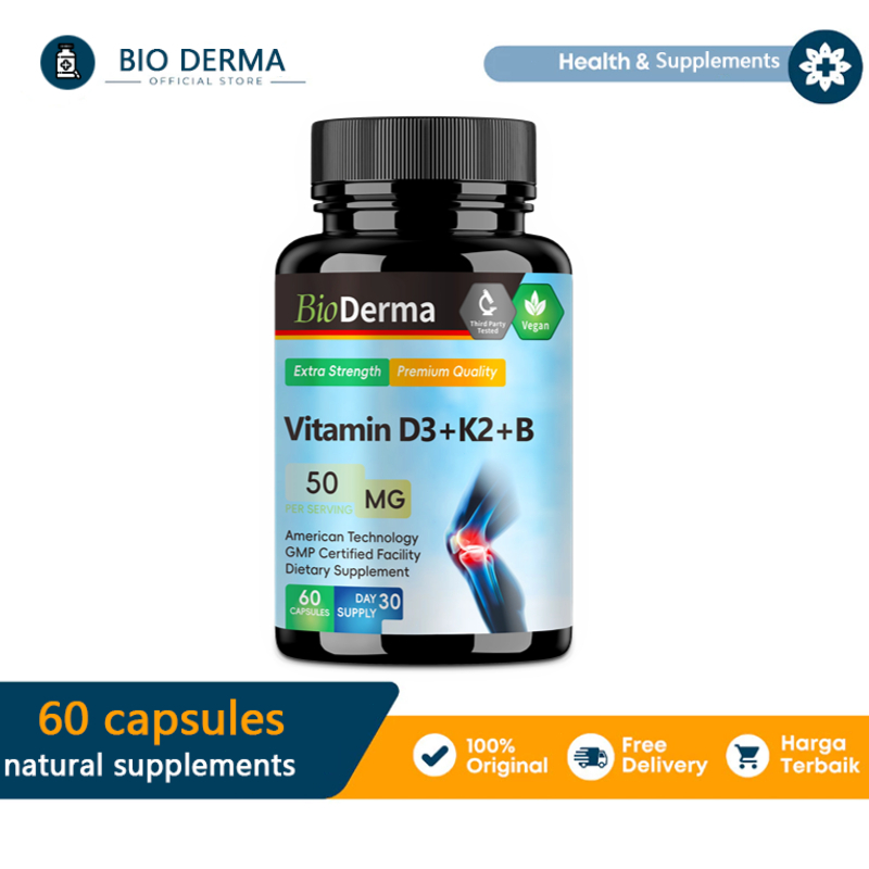 Vitamin D3K2+B, atasi kekurangan vitamin D, tingkatkan kesehatan kulit dan tulang, 60 kapsul