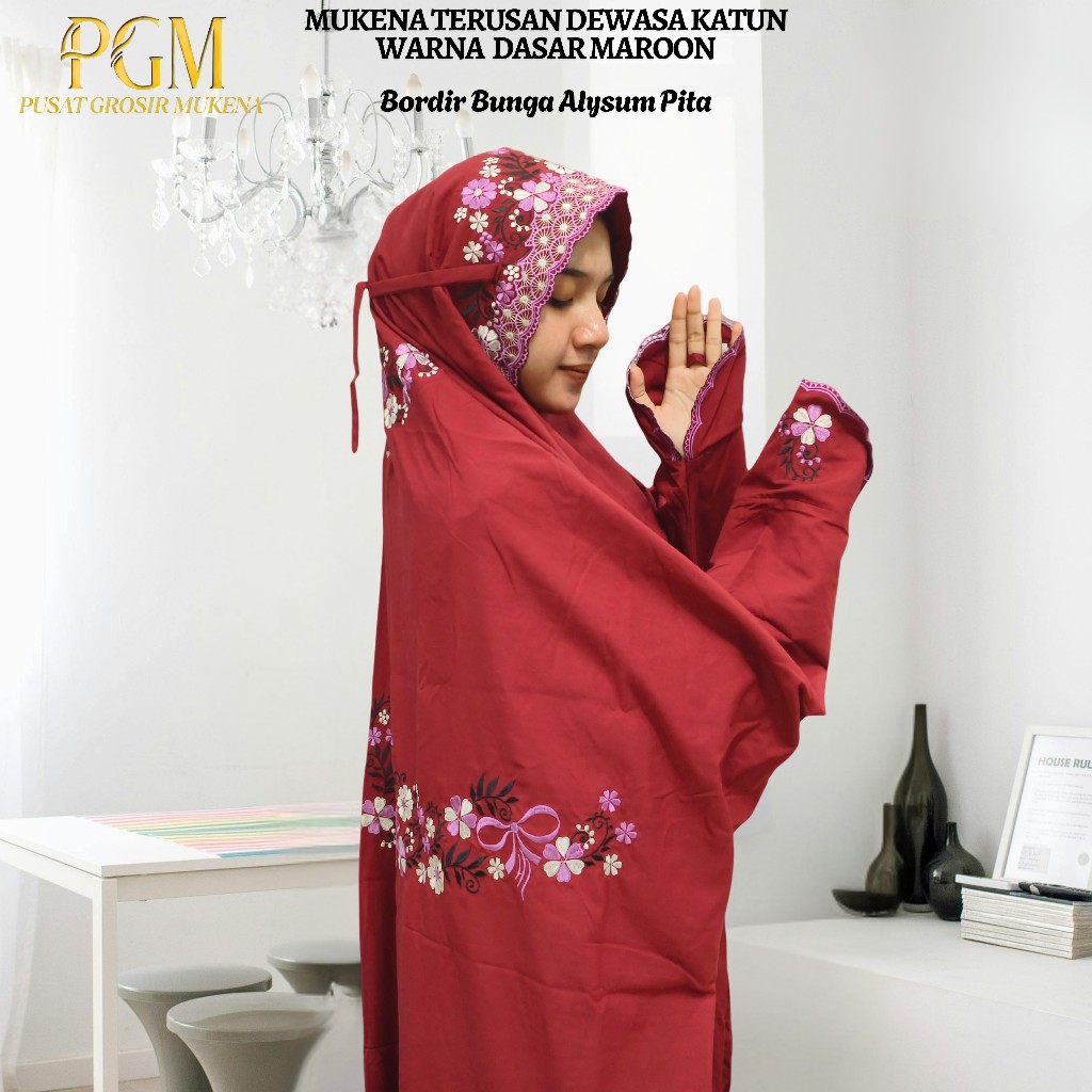 Mukena Terusan Dewasa Bahan Katun Polino Warna Maroon Bordir Bunga Alysum Indah