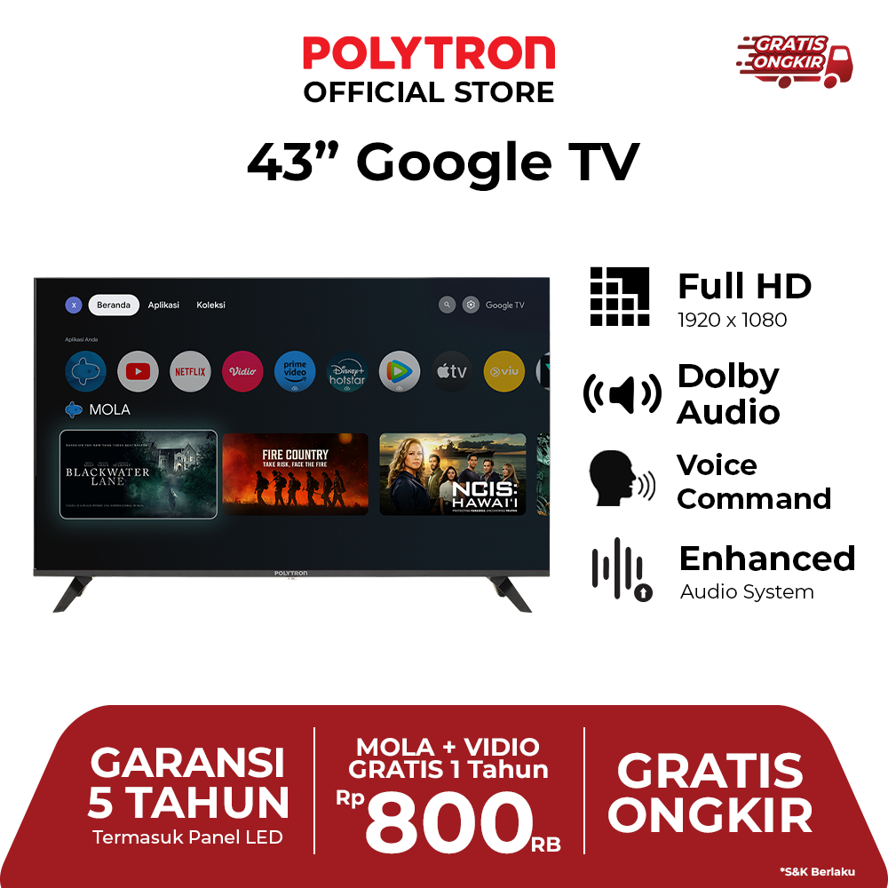 POLYTRON TV LED 43 INCH 43 RG9059 (TANPA SOUNDBAR) GOOGLE TV