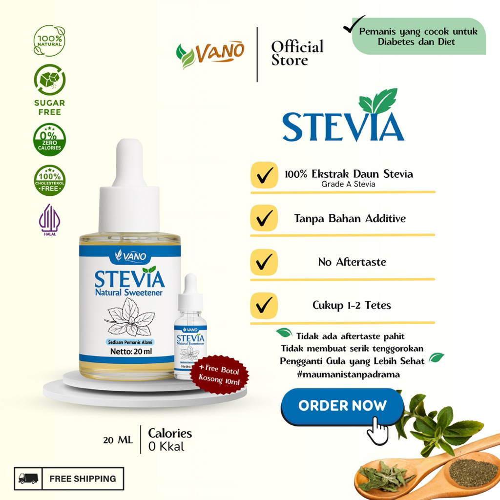 

Vano Stevia Natural Sweetener 20ml - 0 Kalori Cocok untuk Minuman, Makanan dan Diet. FREE Botol Kosong 10ML