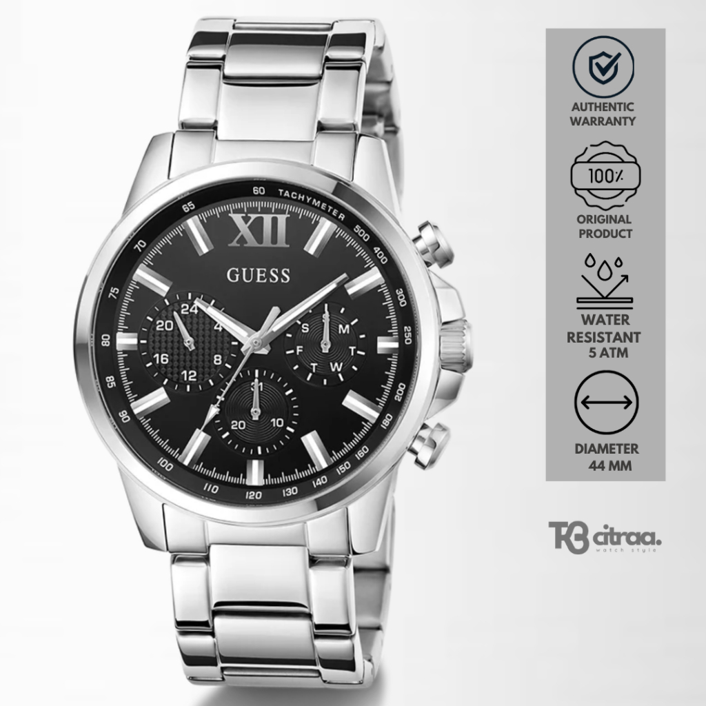 Jam Tangan Pria Guess Walker Multifunction Chronograph Silver Stainless Steel Black Sunray Dial Mewa