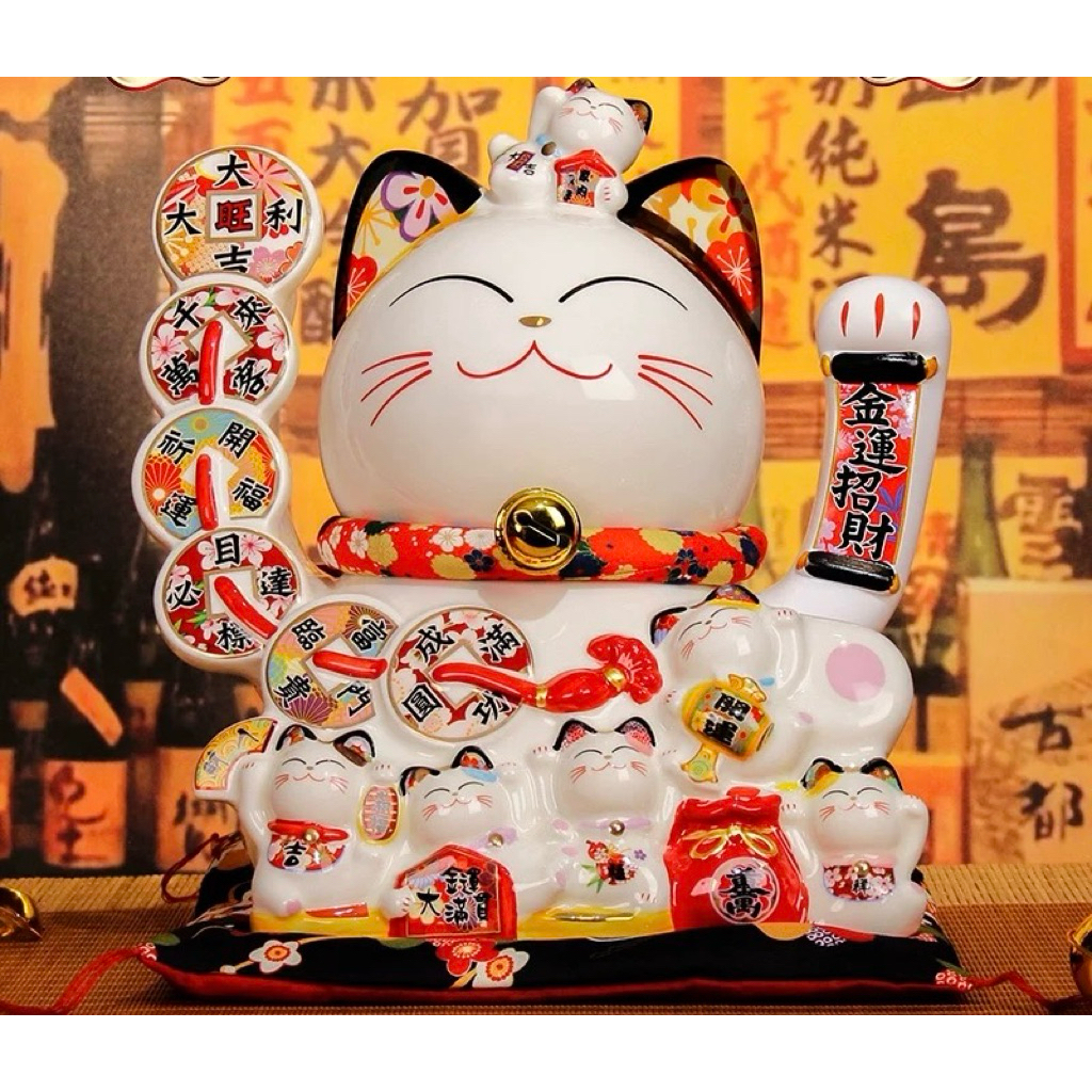 PATUNG MANEKI NEKO KERAMIK GERAK TANGAN/ KUCING HOKI/ PAJANGAN KUCING HOKI BESAR GERAK TANGAN