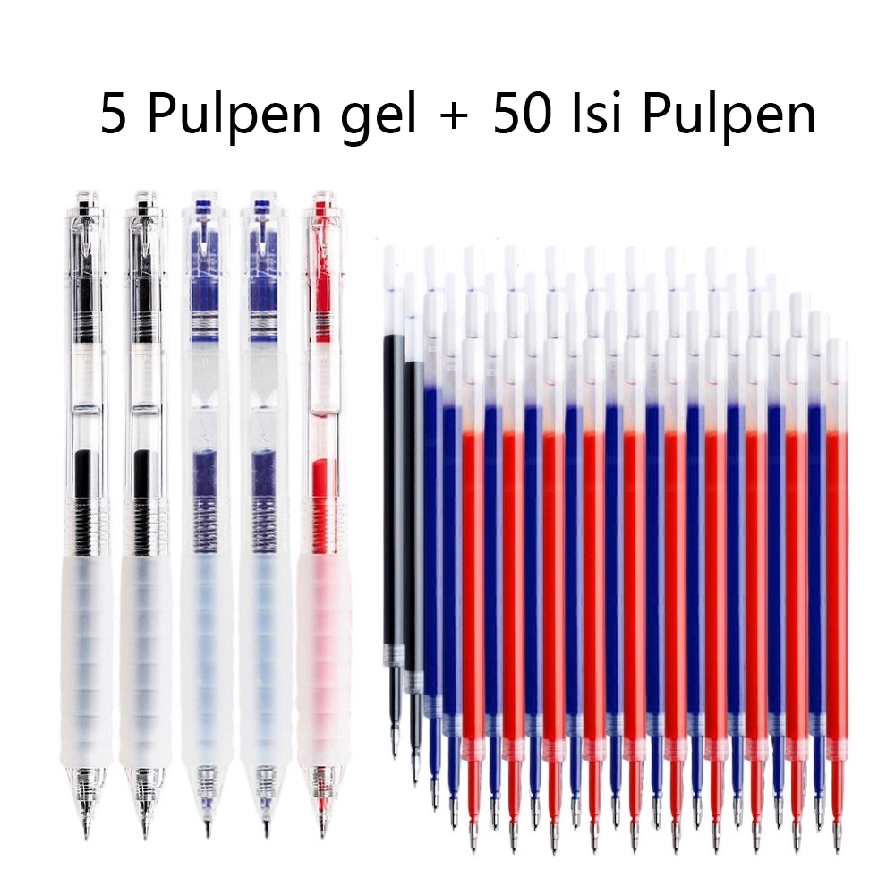 

5Pcs ​Pulpen gel + 50Pcs Isi Pulpen, 0.5mm Pena Gel Tekan Pulpen ballpoint Perlengkapan Alat Tulis Sekolah & Kantor