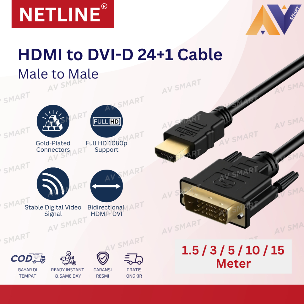 Netline Kabel HDMI to DVI 24+1 Male to Male 3 / 5 / 10 / 15 M Meter