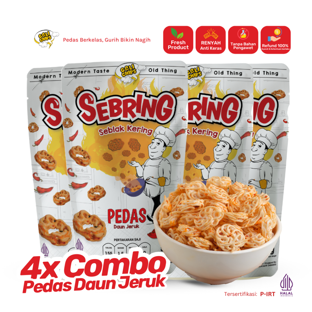

GELICHIPS - Paket Combo 4pcs Seblak Kering (SEBRING) Mawar Pedas Daun Jeruk Gurih Renyah 50gr