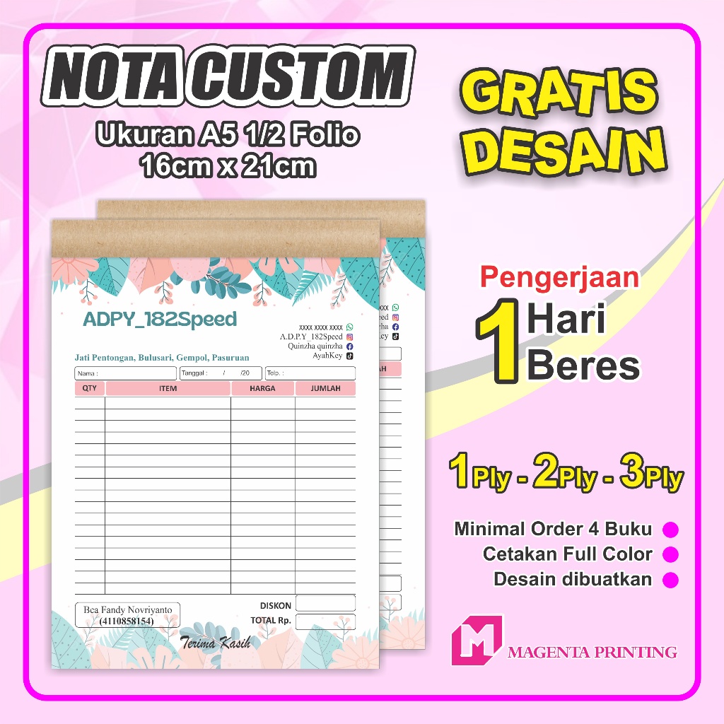 

Cetak Nota Custom Murah Bisa Request Logo & Desain Gratis Ukuran A5/A6 Magentagrafika