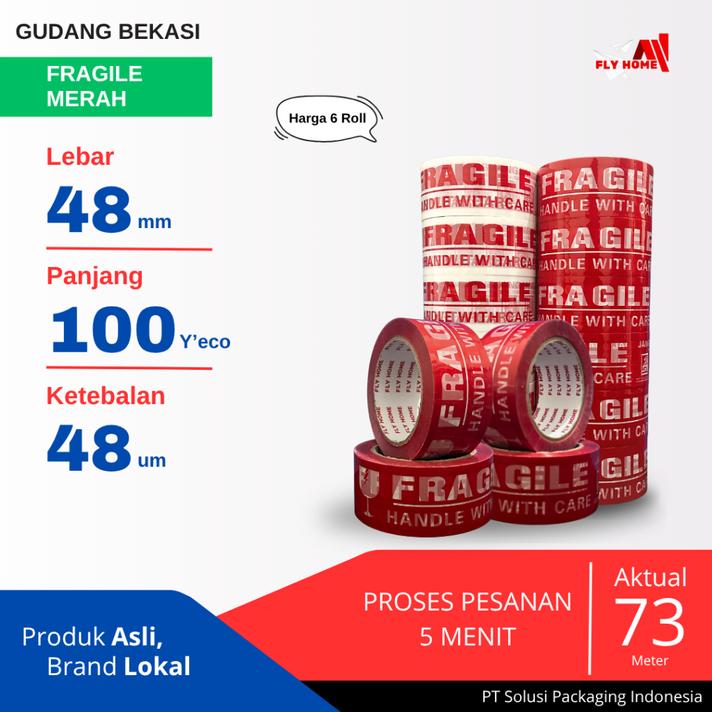 

FLYHOME 6Roll Lakban Fragile Merah 48x100Y 2inci Uk Besar ECO 100 Yard