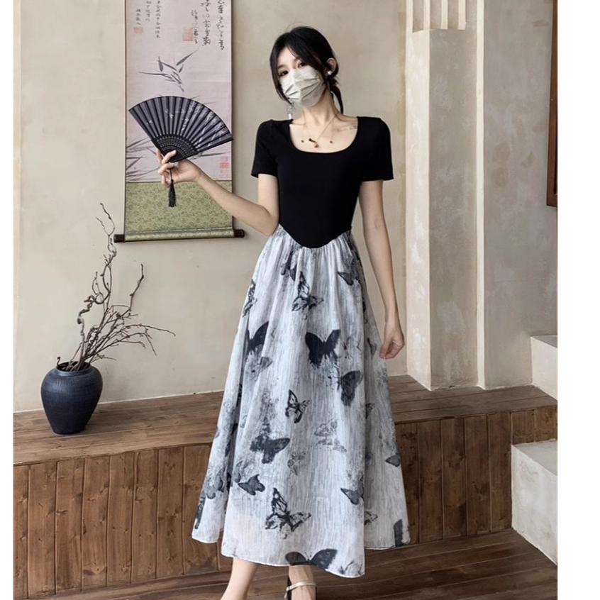 25002 dress hitam midi press body korea dress summer santai bunga elegan dress pesta wanita party ni