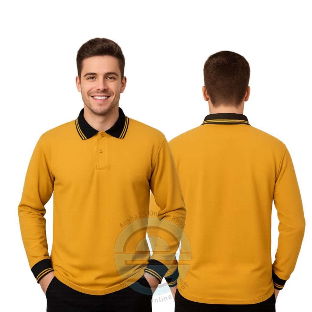 Kaos Polos Kerah Pria Lengan Panjang Mustrad Hitam Baju Atasan Seragam Karyawan/Olahraga Wanita