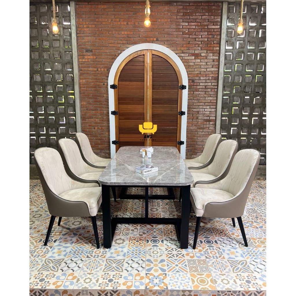 set meja makan marmer 6 kursi minimalis cantik meja besi marmer
