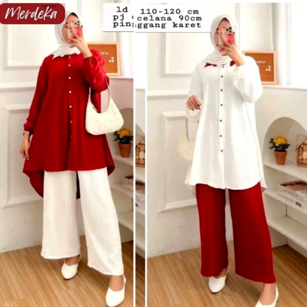 Setelan tunik  17 agustus 1Set Mix  Merah putih dengan Celana kulot Merah bahan rayon