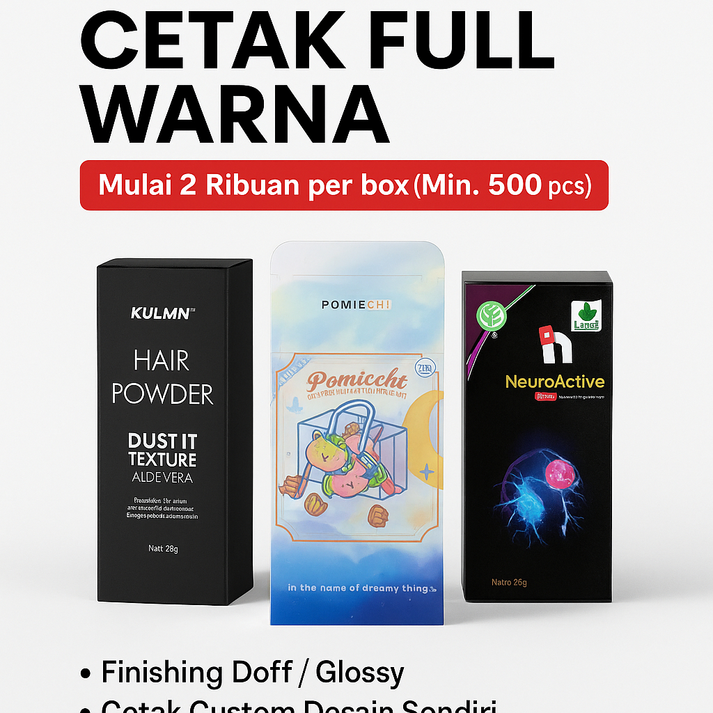 

Box Custom Cetak Full Warna - Minimal 500pcs | Kemasan Parfum / Skincare / Obat | Harga Grosir