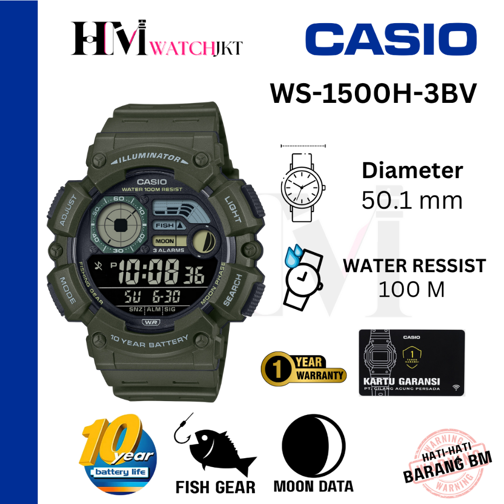 CASIO WS-1500H-3BVDF Jam Tangan Pria Original Digital Antiair Fishing Gear Mancing WS-1500H-3BV WS15