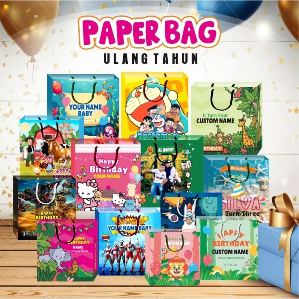 

TAS KADO HADIAH ULANG TAHUN PAPER BAG HAPPY BIRTH DAY KARAKTER KARTUN ANAK GOODIE BAG TOT BAG UNIK LUCU