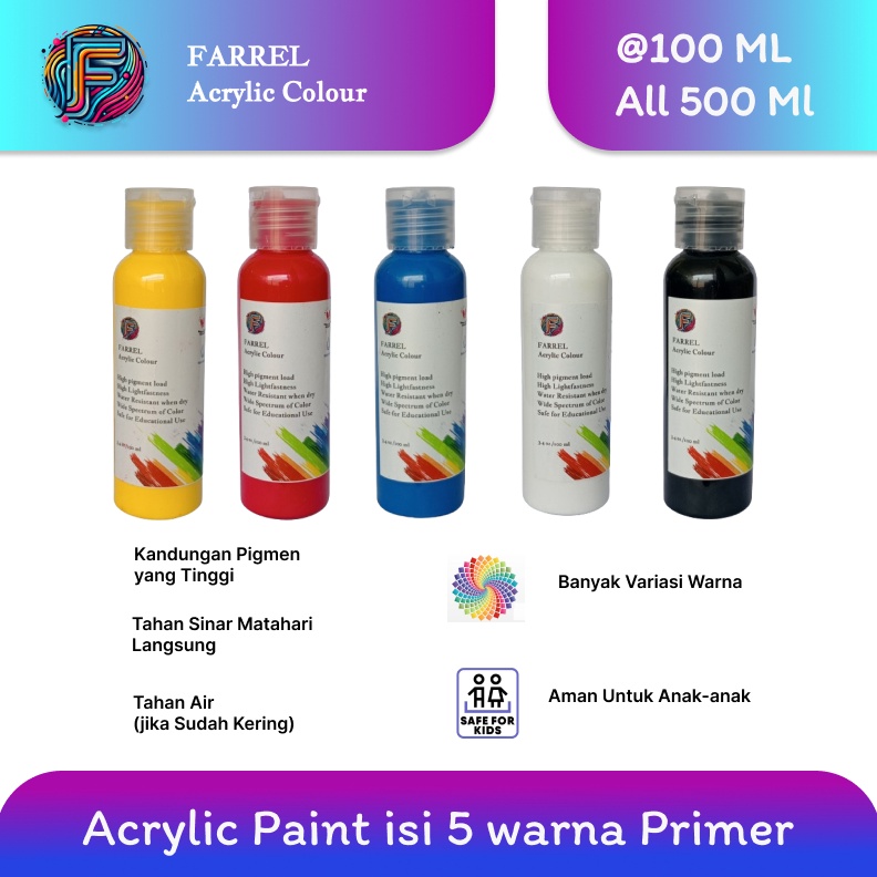 

KODE A48E Cat Akrilik Lukis Kanvas Mural Paket 5 warna Primer isi 1 ML per botol Farrel Acrylic Colour