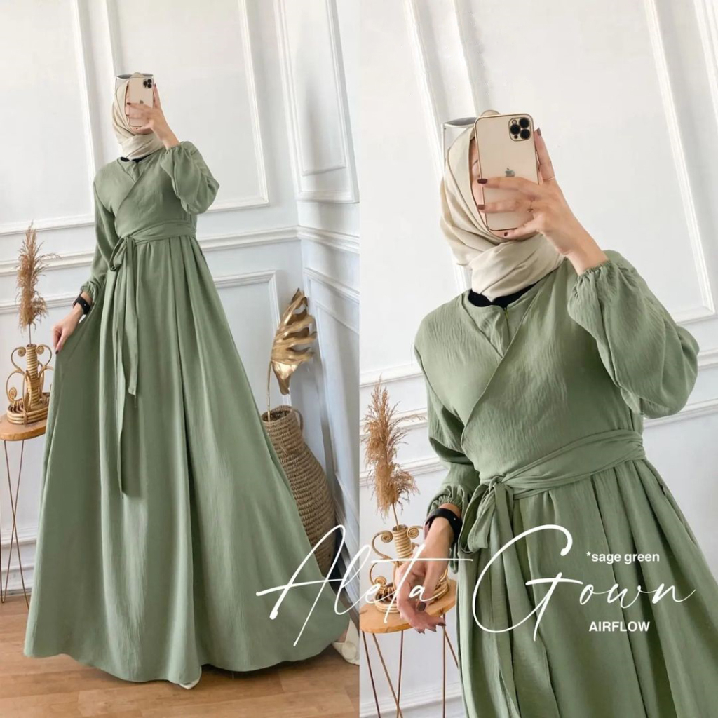 NEW GAMIS CANTIK SYARI BAJU MAXY DRESS MURAH ALETA GOWN SAGE GREEN BERBAHAN CRINKLE AIRFLOW BESTSELL