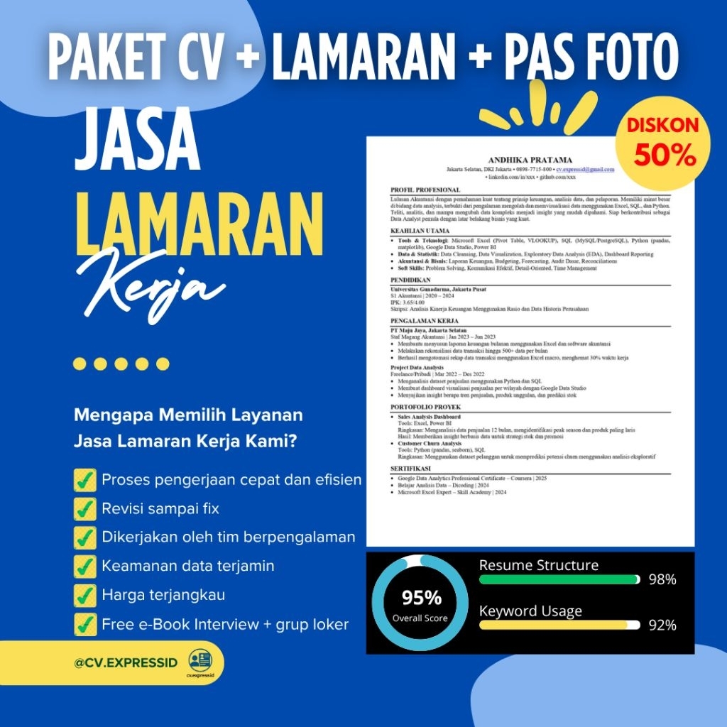 Jasa CV ATS Friendly | Surat Lamaran Kerja | CV Kreatif | Pas Foto | Paket Lamaran Kerja Lengkap