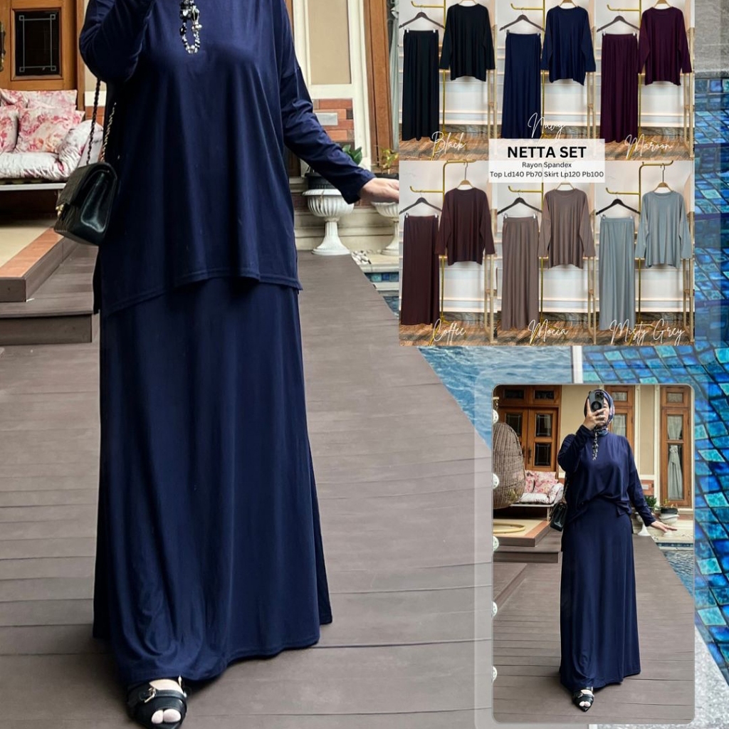Dzakirah SETELAN NETTA / Set Blouse + Rok Rayon Spandex Polos / Pakaian Wanita / Fashion Muslim