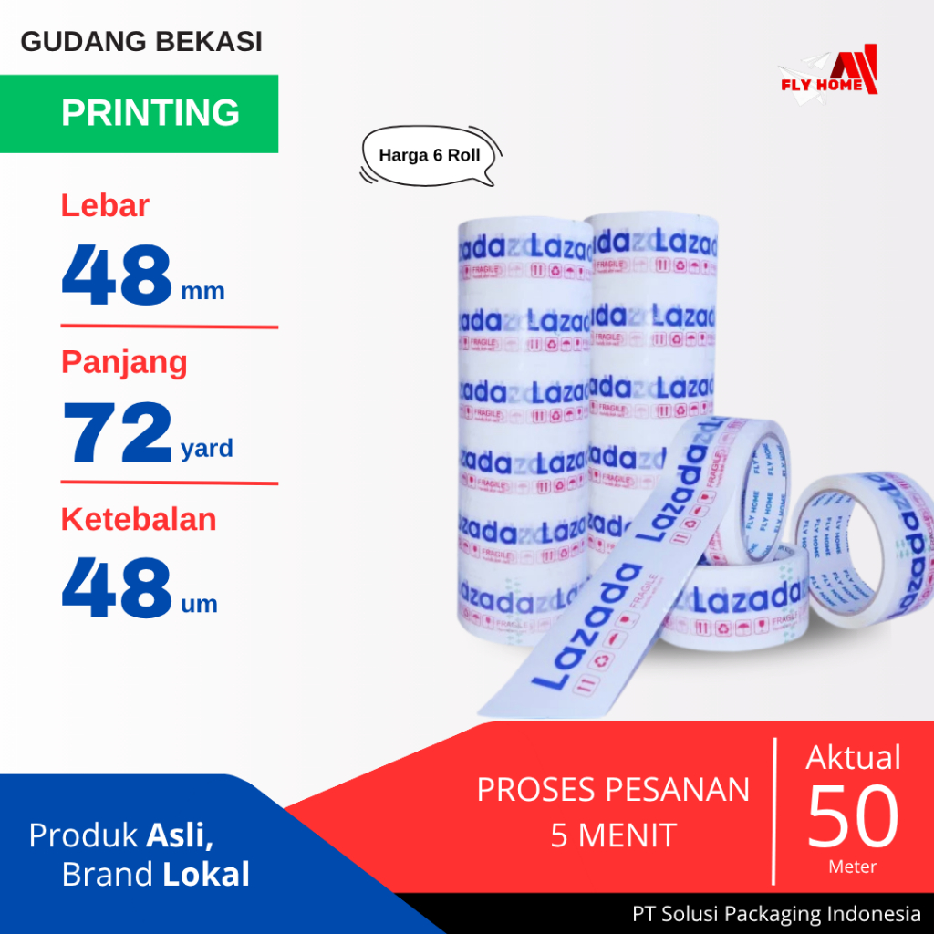 

FLYHOME 6Roll Lakban Online Shop 48x72Y 2inchi 72 Yard Tk Biru