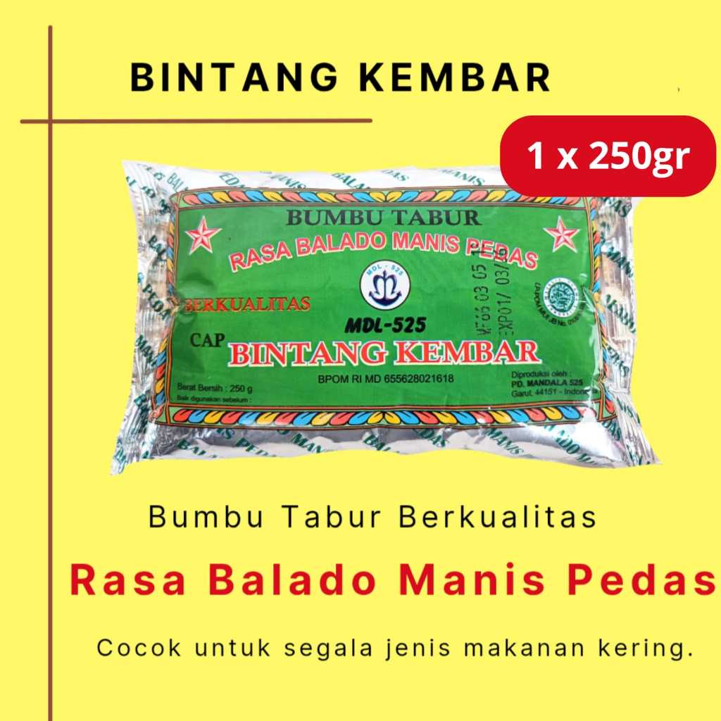 

Bumbu Tabur Rasa Balado Manis Pedas merk Bintang Kembar mdl 525 250gr
