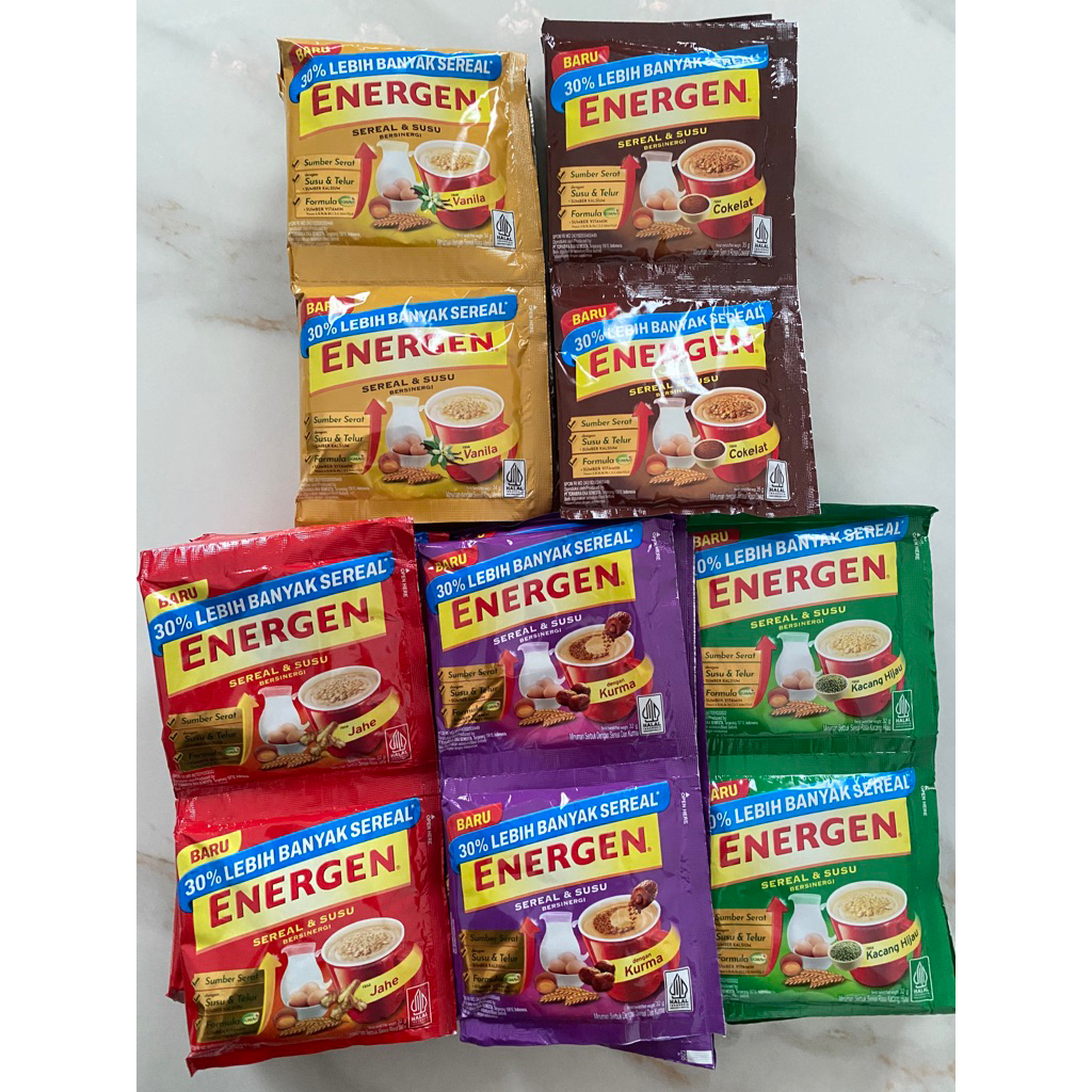 

Energen Sereal 1 Renceng Isi 10 Sachet Rasa Cokelat Kacang Hijau Vanilla Kurma Jahe