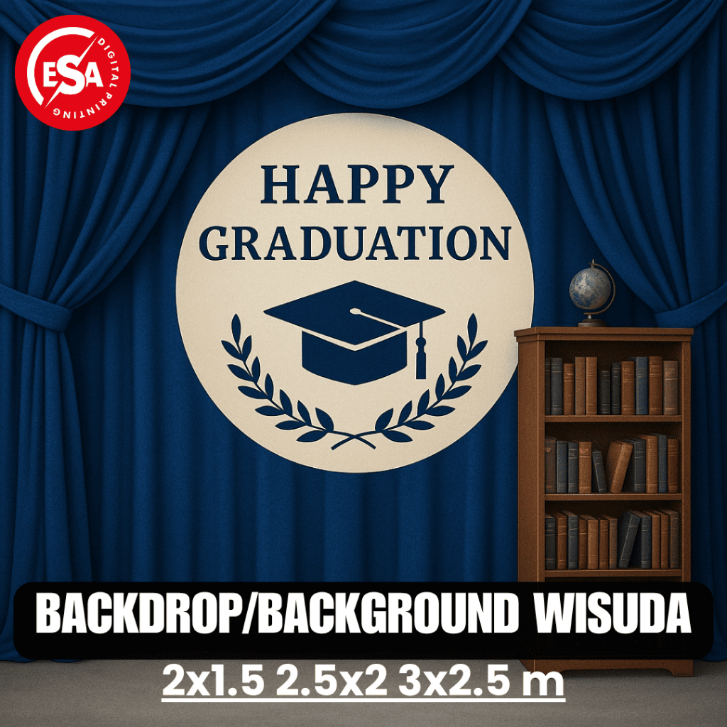 Backdrop/Background Wisuda Elegan Tirai Biru & Lemari Buku | Dekorasi Wisuda Kekinian
