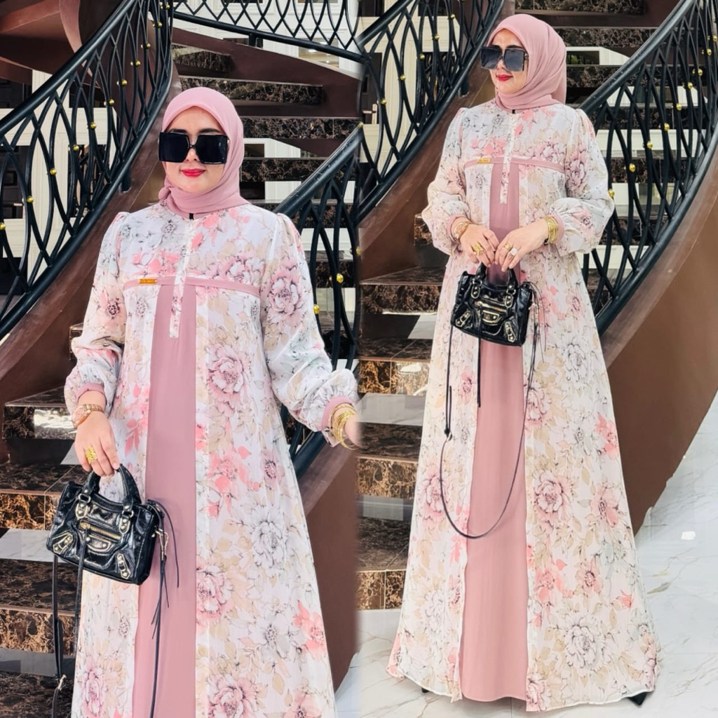 Gamis Syafeera Motif bunga Pink / COD