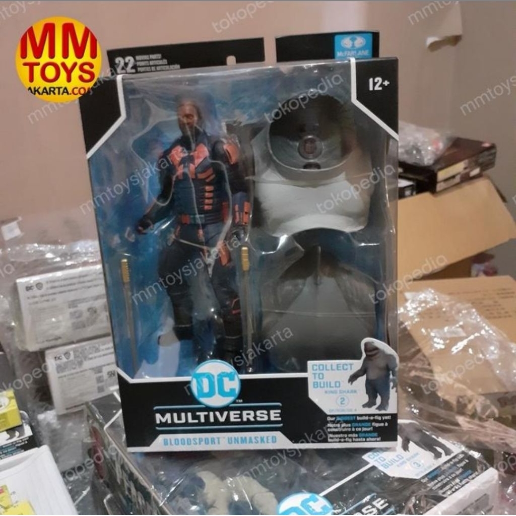 figure bloodsport unmasked + baf king shark mcfarlane dc multiverse