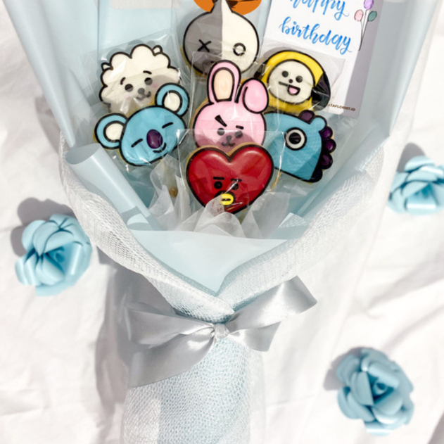 

BT21 Graduation Birthday Buket Cookies Bouquet - (isi 7 pcs) Icing Cookies / Sugar Cookies / Decorated Cookies / Kukis Hias