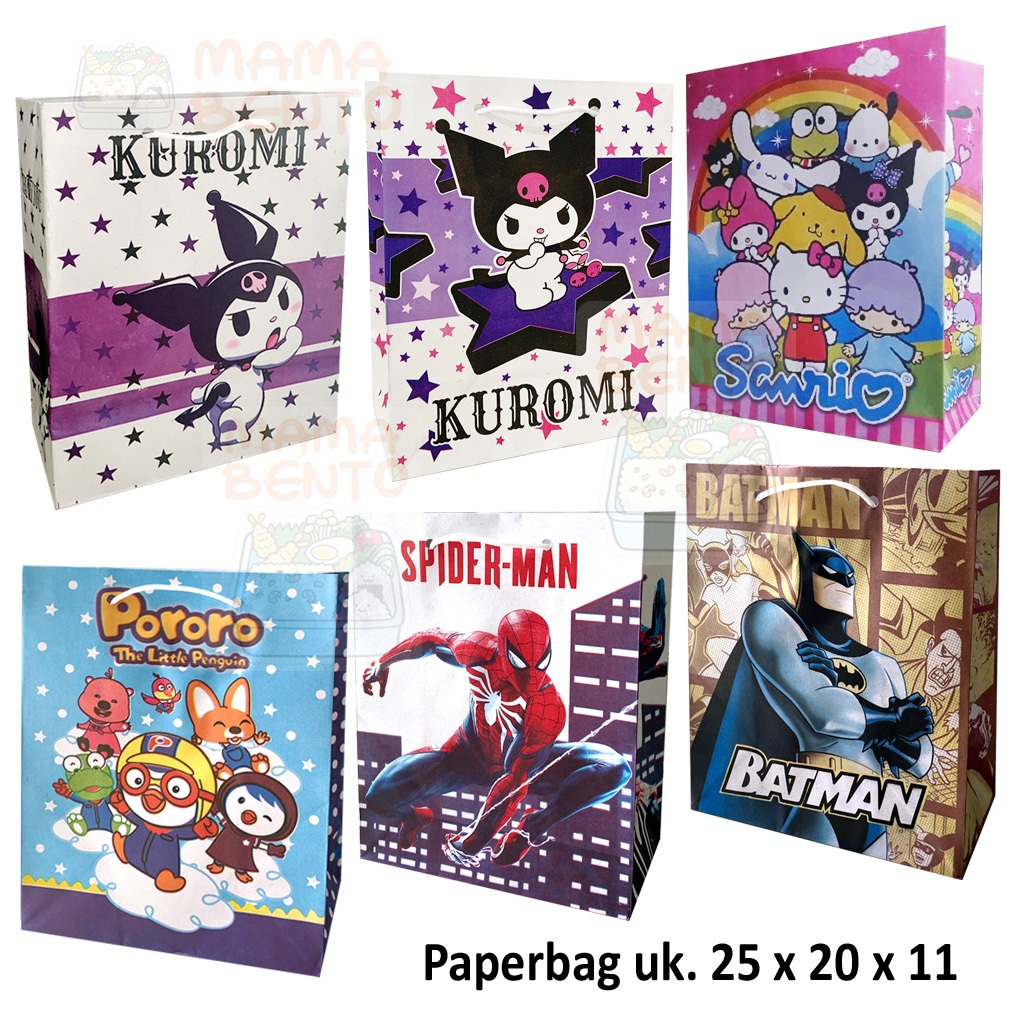 

Kantong Paper Bag Goodiebag ukuran 25 x 20 x 11 cm Hampers Tas Kado Bahan Kertas Gambar Kuromi Sanrio Pororo Batman Spiderman untuk Snack Ulang Tahun Anak