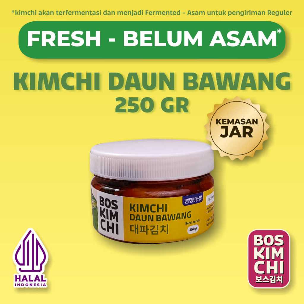

Fresh! Kimchi Daun Bawang 250 gr Kemasan Toples | Boskimchi | Daepa Kimchi Belum Asam Homemade Fresh