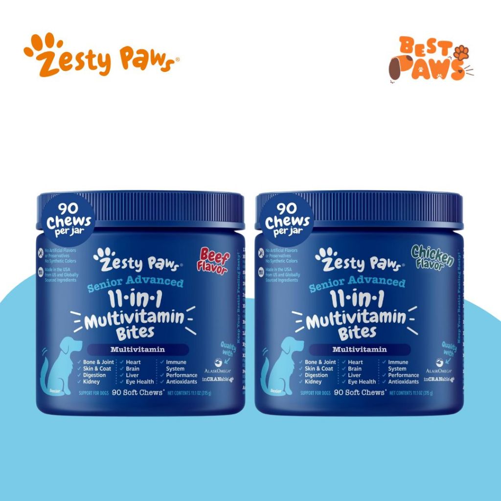 Zesty Paws Senior Advanced 11 in 1 Multivitamin Bites Multi Functional Vitamin Dogs - 90 Soft Chews,
