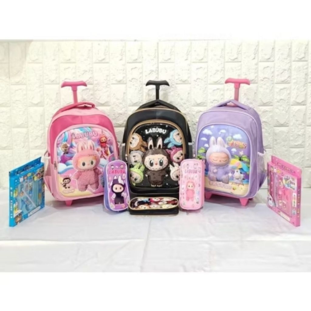 Tas troli Labubu anak perempuan TK dan SD ,tas dorong anakTK 3 Dimensi - Tas roda koper anak anak