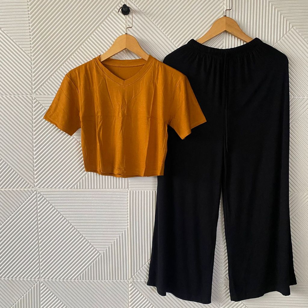 Setelan Celana Panjang Wanita/Set Polos Crop V-neck lengan Pendek/One Set Crop Wanita Spandek rayon