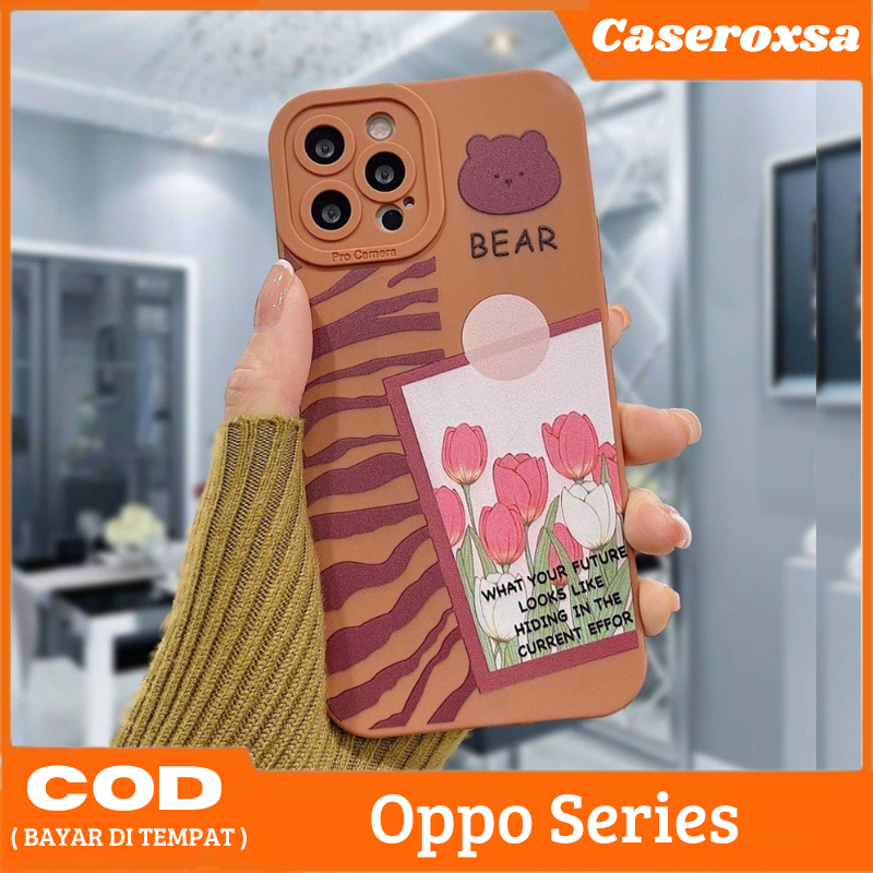 Case Oppo A57 5G A57S Casing Motif Bear Tulip Liquid Protection Camera