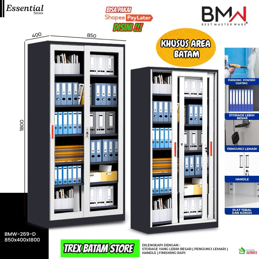 LEMARI BESI KANTOR 2 PINTU FULL KACA MODEL SLIDING UK 85 x 40 x 180 CM + JASA RAKIT [ BATAM ]